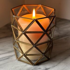Triangle Faceted Glass and Brass Pillar Candle Holder or Pencil Holder 4.5”